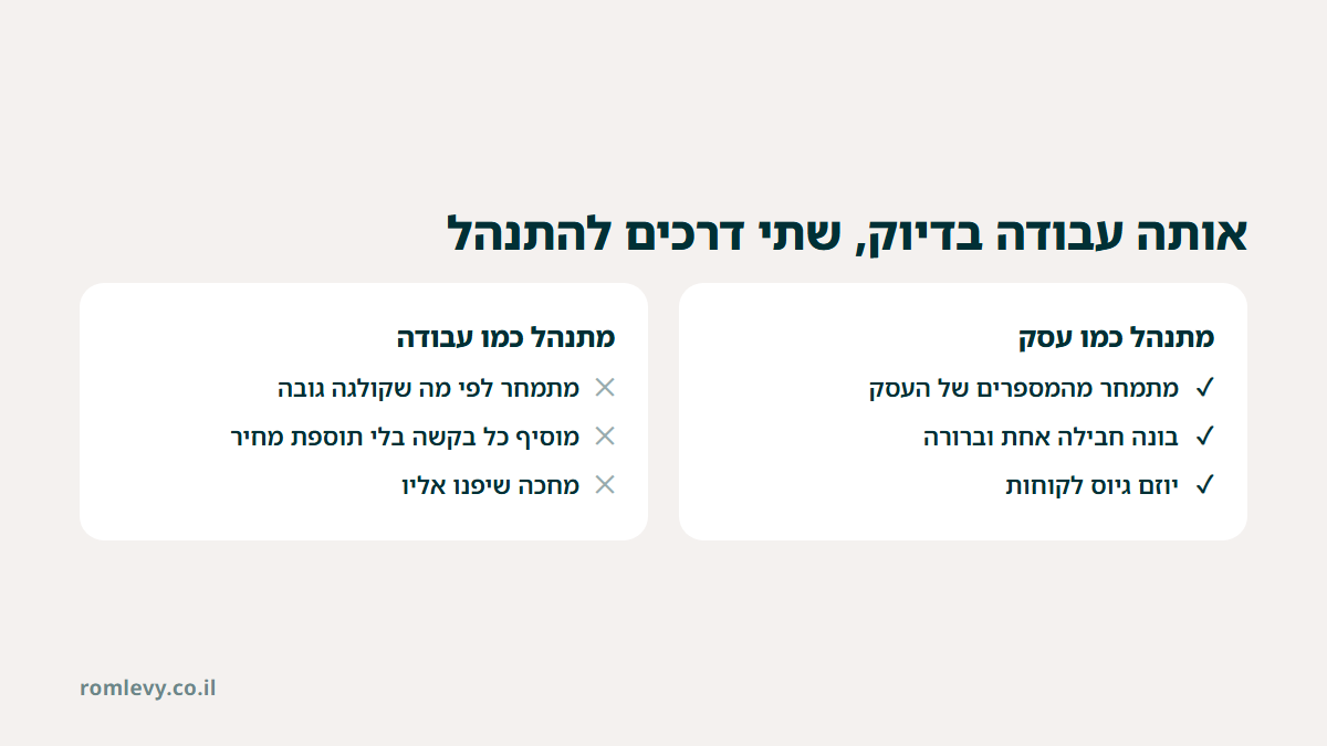 השוואה בין מי שמתנהל כמו עסק, שמתמחר מהמספרים שלו ובונה חבילה אחת ברורה, לבין מי שמתנהל כמו עבודה, שמתמחר לפי קולגה ומחכה שיפנו אליו